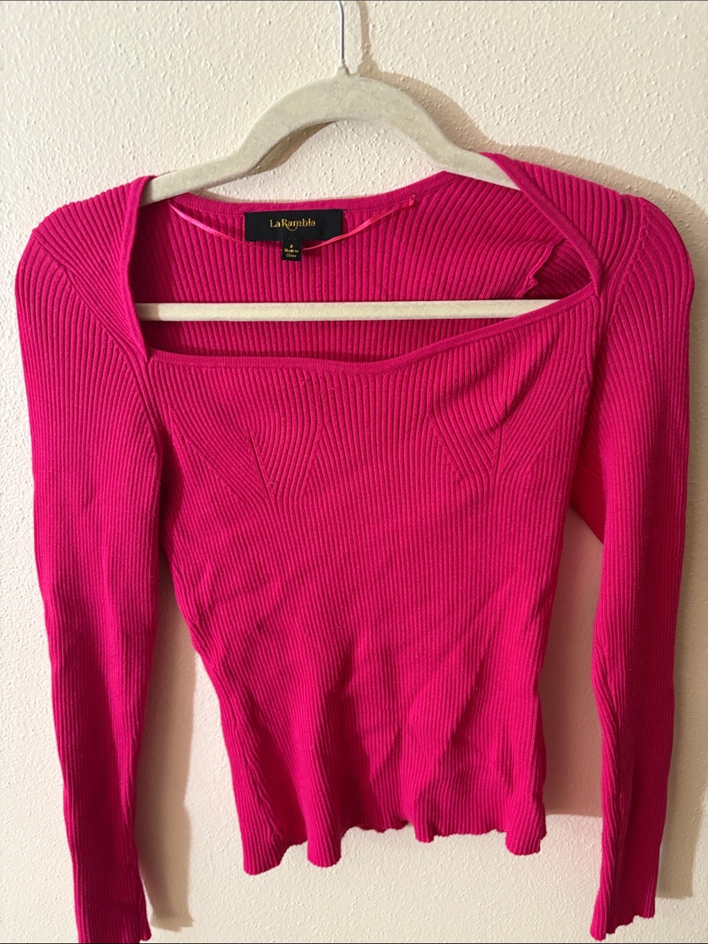 Fuchsia Ribbed Square-Neck Long Sleeve Tee